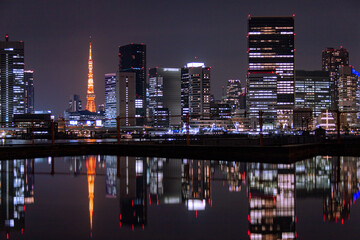 Night view of Tokyo reflected on the surface of the water