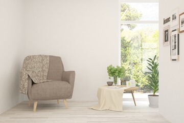 White living room with armchair and green landscape in window. Scandinavian interior design. 3D illustration