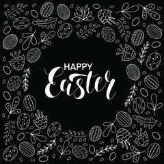 Happy Easter season greeting with eggs, flowers, leaves on the black background. Hand lettering calligraphy. Vector illustration for the  Christian celebration concept, banner, invitation.