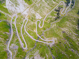 Curvy and dangerous road from the high mountain pass in Transfagarasan, Romania. Road to Balea Lake.