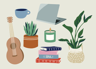 Home activities set. Collection of hand drawn clip arts of indoor activities, vector illustrations. Symbols of cozy home and personal comfort.