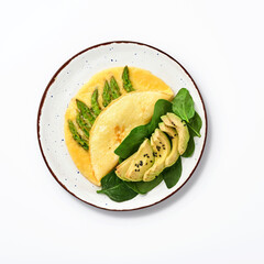 Omelette or omelet stuffed with asparagus, avocado and spinach leaves for breakfast isolated on...