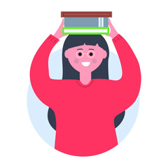 Cute girl smiling and holding books over her head. Education concept. Flat illustration.