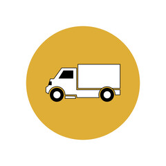 Truck icon in a yellow circle. Delivery and transportation of goods. User interface button in smartphone app. 