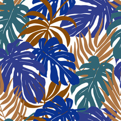 Trendy seamless pattern with tropical leaves. Universal floral backgrounds in tropical style.  Modern vector illustration perfect for fabric, wrapping texture, textile, wallpaper, home apparel.