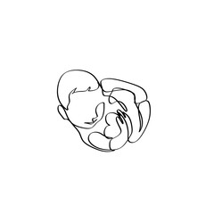 Baby in womb one single line drawing. Cute unborn fetus baby on mother womb isolated on white background. Pregnancy health care concept. Minimalism style.
