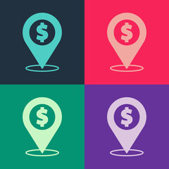 Pop art Cash location pin icon isolated on color background. Pointer and dollar symbol. Money location. Business and investment concept. Vector