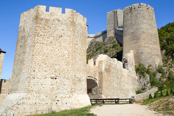 Fototapeta na wymiar Close up of the restored medieval Golubac fort towers in sunny summer afternoon.