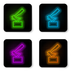 Glowing neon line Wooden axe icon isolated on white background. Lumberjack axe. Black square button. Vector