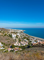 High up view of Mojacar Beach, Mojacar, Almeria, Andalusia, Spain