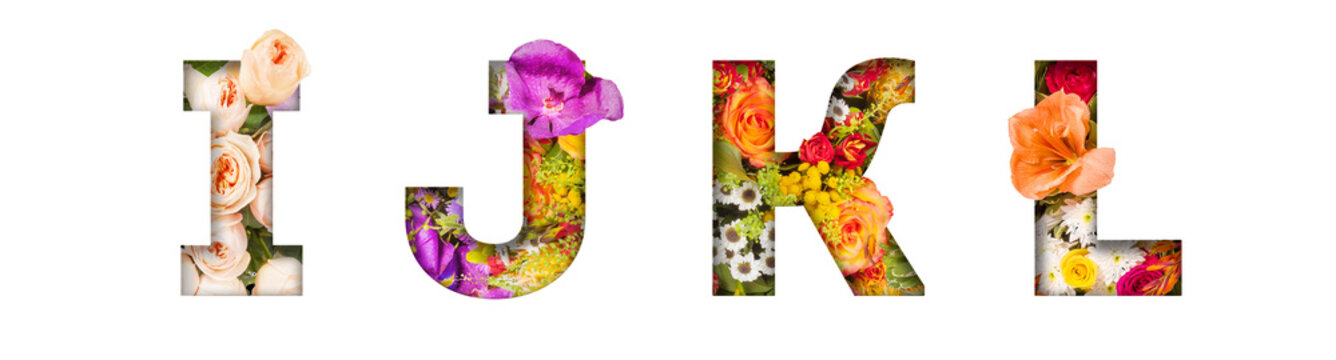 Floral letters. The letters I, J, K, L are made from colorful flower photos. A collection of wonderful flora letters for unique spring decorations and various creation ideas