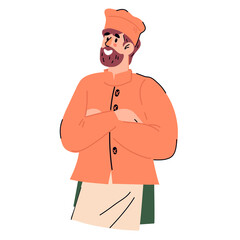Half-portrait of confident bearded restaurant chief cook, cartoon flat vector illustration isolated on white background. Cafe or restaurant personnel cartoon character.