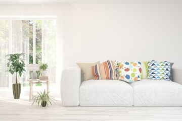 White living room with sofa. Scandinavian interior design. 3D illustration