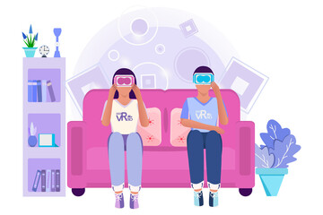 Virtual game. Guy and girl with glasses in virtual reality. The concept of using new technologies at home.
