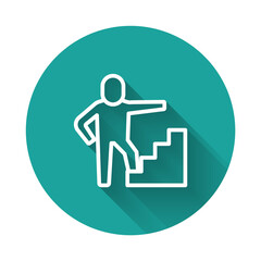 White line Stair with finish flag icon isolated with long shadow background. Career growth business concept. Concept of business development. Green circle button. Vector