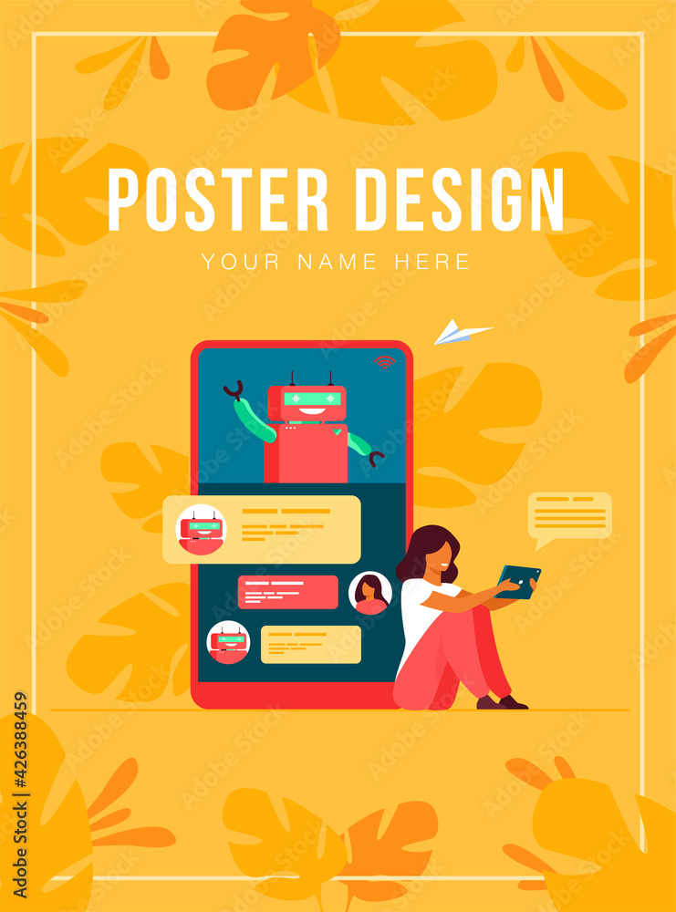 Aufkleber tiny woman using mobile assistant with chatbot isolated flat vector illustration. modern customer su