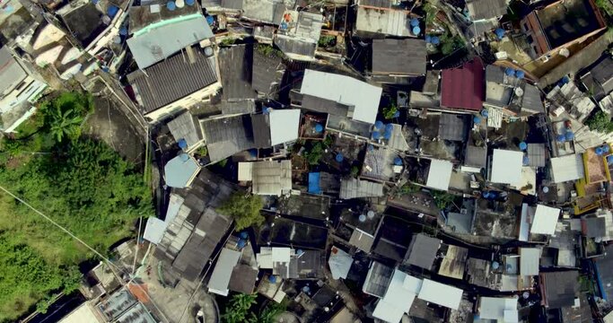 Morro dos Prazeres, a poor community in Rio de Janeiro. Aerial top down shot.