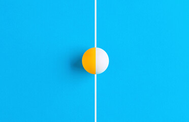 Table tennis ball halved into two different colors on the line of a ping pong table.