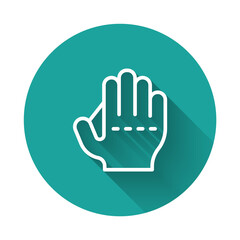 White line Baseball glove icon isolated with long shadow background. Green circle button. Vector