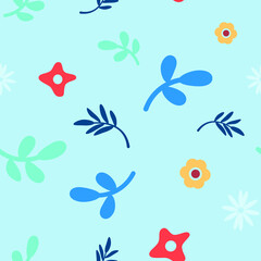Cute pattern, seamless floral print. Branches with leaves, flowers. Multicolored illustration of trendy colors.
