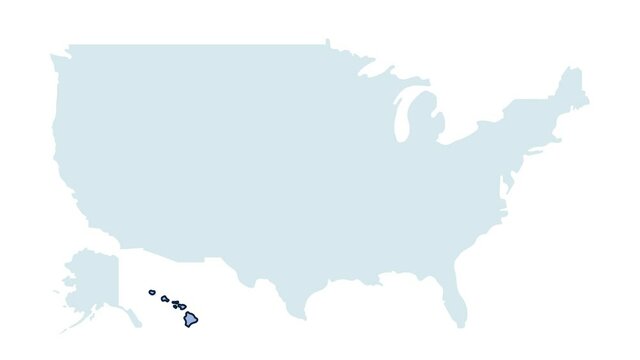 US hawaii state map animation. United states of America country - high detailed motion illustration map. 4k animated video with blinking red and blue highlighted state with alpha matte.