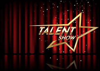 Golden talent show text in the star over red curtain. Event invitation poster. Festival performance banner. - obrazy, fototapety, plakaty