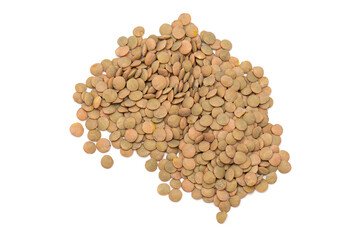 Pile of green Lentil isolated on white, top view