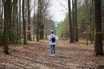 kobieta stojąca na leśnej ścieżce