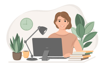 Fototapeta na wymiar Student woman preparing for exams using online courses, freelancer working from home. Freelance, studying or online education concept . Vector flat style illustration