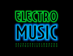 Vector neon sign Electro Music with creative Alphabet Letters an Numbers set. Bright glowing Font