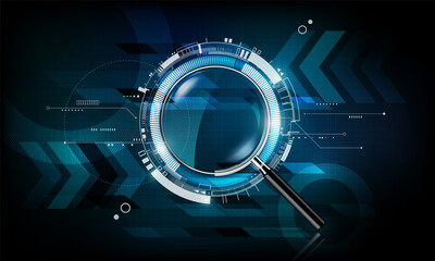 magnifying glass with scan search concept and futuristic electronic technology background, transparent vector illustration - obrazy, fototapety, plakaty
