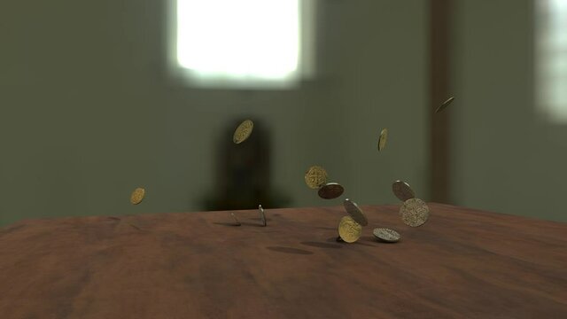 old coins falling on table with slow motion effect and alpha matte