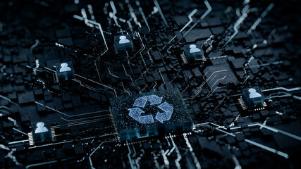 Eco Technology Concept with recycle symbol on a Microchip. White Neon Data flows between Users and the CPU across a Futuristic Motherboard. 3D render.