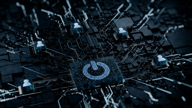Activate Technology Concept with power symbol on a Microchip. White Neon Data flows between Users and the CPU across a Futuristic Motherboard. 3D render.
