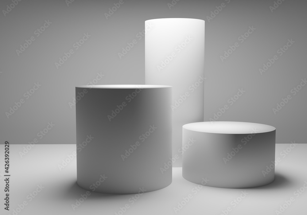 Aufkleber podium concept. white podium stand. empty round plinths on a gray background. three empty pedestals 