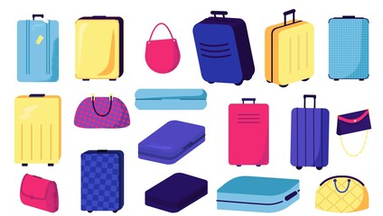 Large collection suitcases, bags, vector illustration. Set designer stylish accessories for travel, trip. Bright colors, elegant handbags designs.