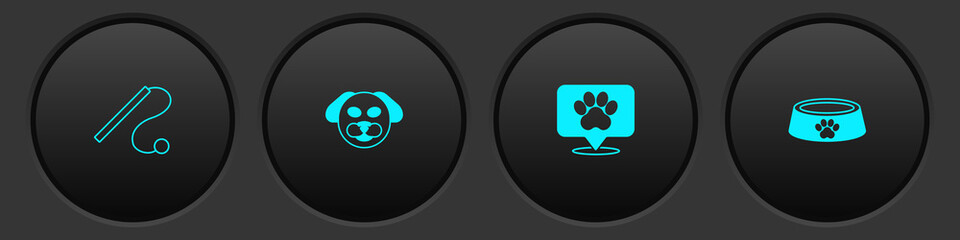 Set Pet cat toy, Dog, Location veterinary hospital and food bowl icon. Vector