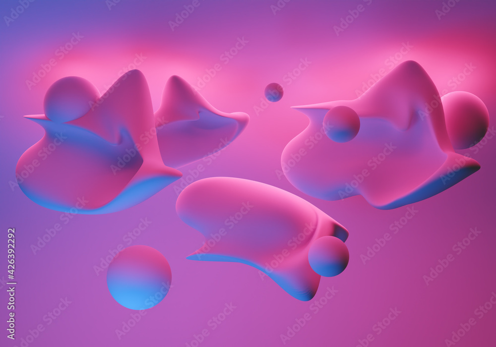 Poster abstract background. background is pink with 3d elements. three-dimensional bursts in zero visibilit