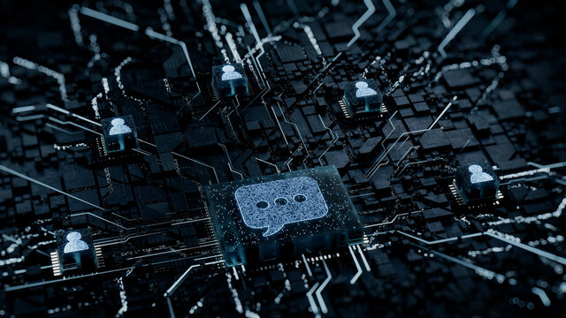 Text Technology Concept with sms symbol on a Microchip. White Neon Data flows between Users and the CPU across a Futuristic Motherboard. 3D render.