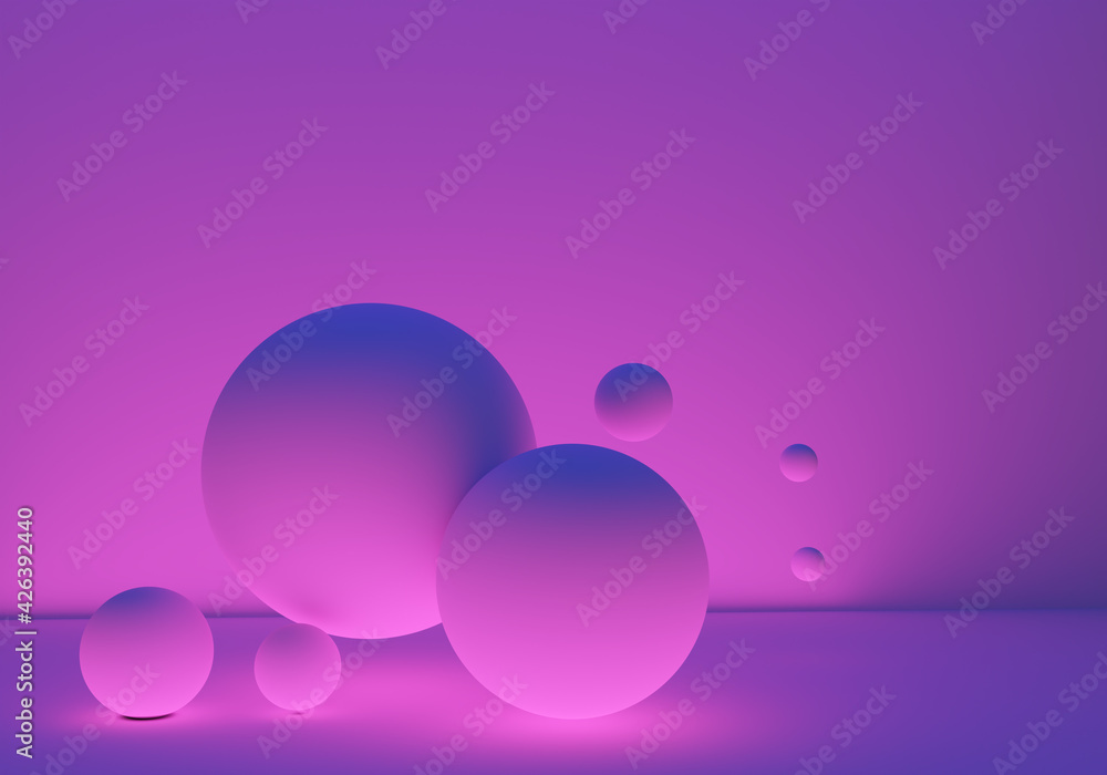 Poster background with balls in weightlessness. background texture neon glow. pink abstract background. wal