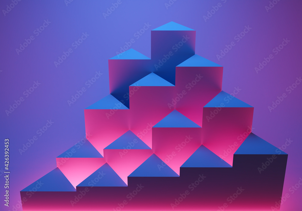Poster Background with triangular columns. Many triangular stands blue background. Geometric elements glow from bottom. 3d background. Many small 3D podium stands. Empty podium stands of different heights