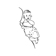 Baby girl in the dress on the hands with parents silhouette. Hand drawn vector illustration in sketch style.