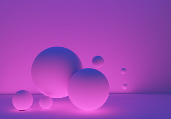 Background with balls in weightlessness. Background texture neon glow. Pink abstract background. Wallpaper with 3d balls bubbles. Volumetric bubbles in pink light. Pattern objects in weightlessness