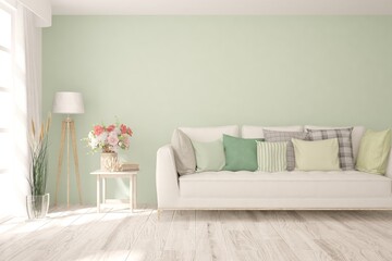 Soft color living room with sofa. Scandinavian interior design. 3D illustration