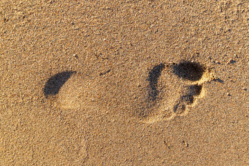 Close-up of single footprint on the sand beach. Top view