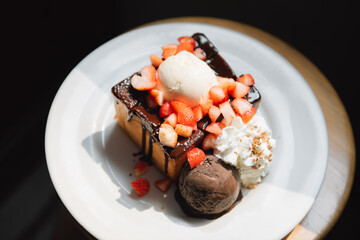 Strawberry Chocolate Honey Toast with Ice Cream.