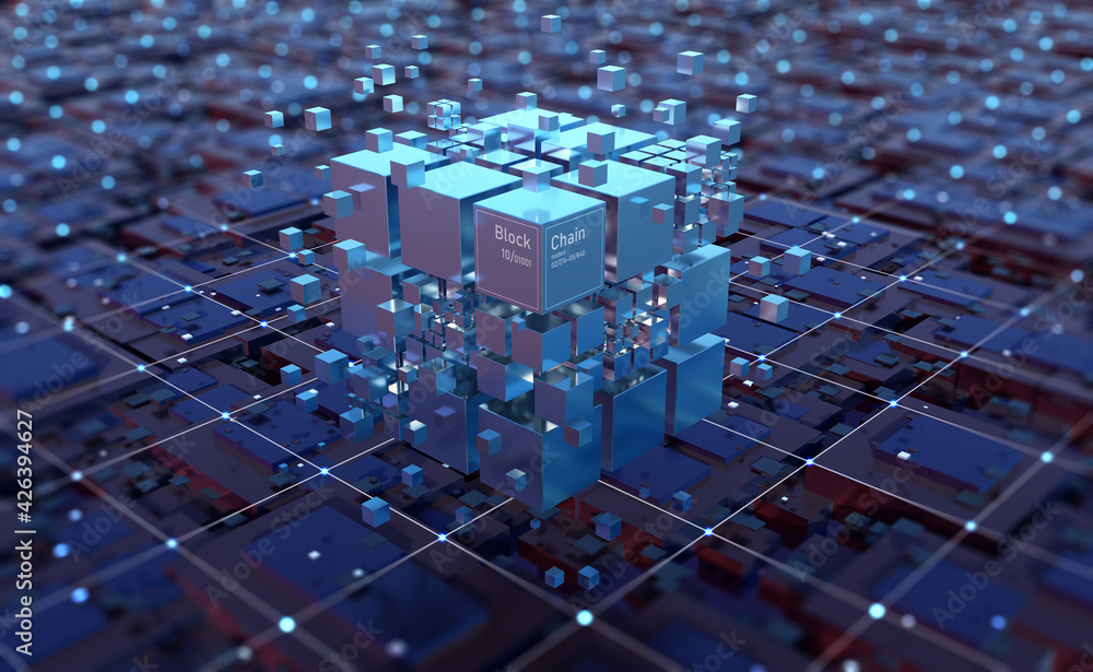 Leinwandbilder Blockchain in global digital network, quantum computer, nanotechnological circuit, high-tech processor and cybertechnology. 3D illustration of nanostructured data blocks in a secure server