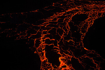 An aerial view of the lava river from the 2014 Bárðarbunga volcanic eruption at the Holuhraun fissures, Central Highlands, Iceland