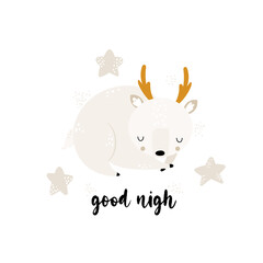 Obraz na płótnie Canvas Child illustration with cute sleeping deer, stars and hand drawn text. Vector funny animal for baby graphic suit printing. Kid print with lettering - good night. Greeting card scandinavian design.