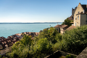 View of Lake Constance and harbor, from the New Palace  in the city of Meersburg, Germany